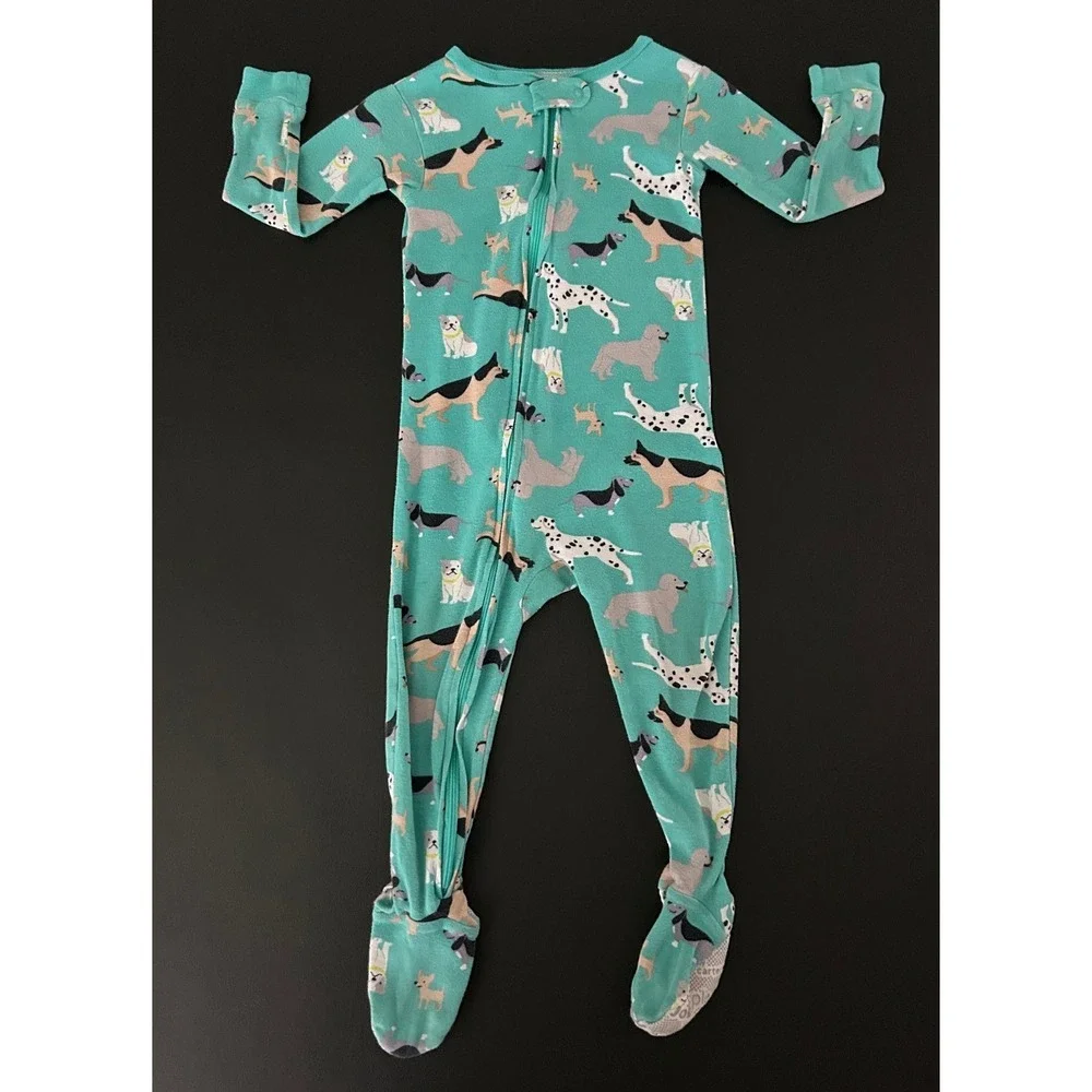 Simple Joys by Carters Toddler 2T Teal Green Dog Print Footed Pajamas 1487
